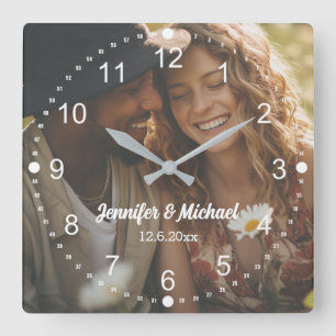 elegant modern white script photo anniversary square wall clock