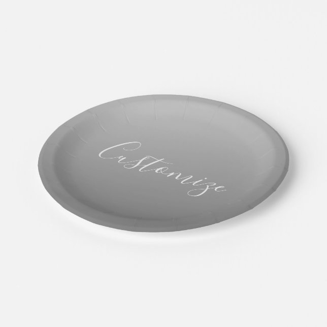 Elegant Modern White Script Writing Gray Gradient  Paper Plates (Angled)