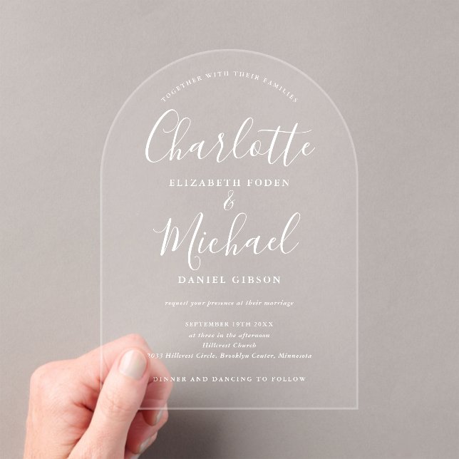 Elegant Modern White Signature Script Arch Wedding Acrylic Invitations (Insitu (Handheld))