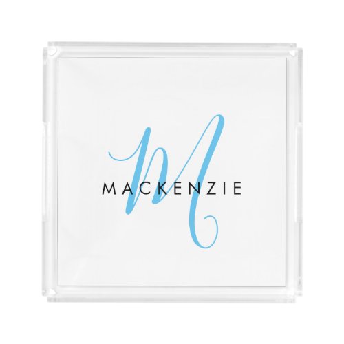 Elegant Modern White Sky Blue Script Monogram Acrylic Tray