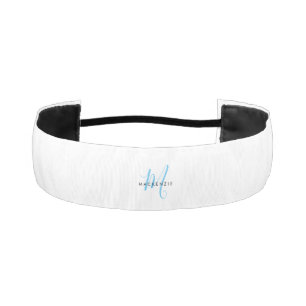 Elegant Modern White Sky Blue Script Monogram Athletic Headband