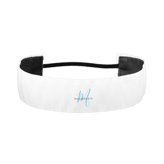 Elegant Modern White Sky Blue Script Monogram Athletic Headband (Front)