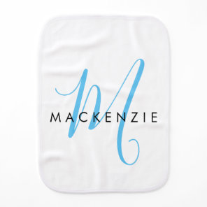 Elegant Modern White Sky Blue Script Monogram Baby Burp Cloth