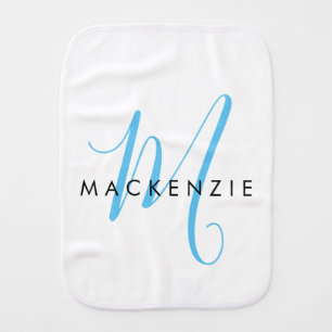 Elegant Modern White Sky Blue Script Monogram Baby Burp Cloth