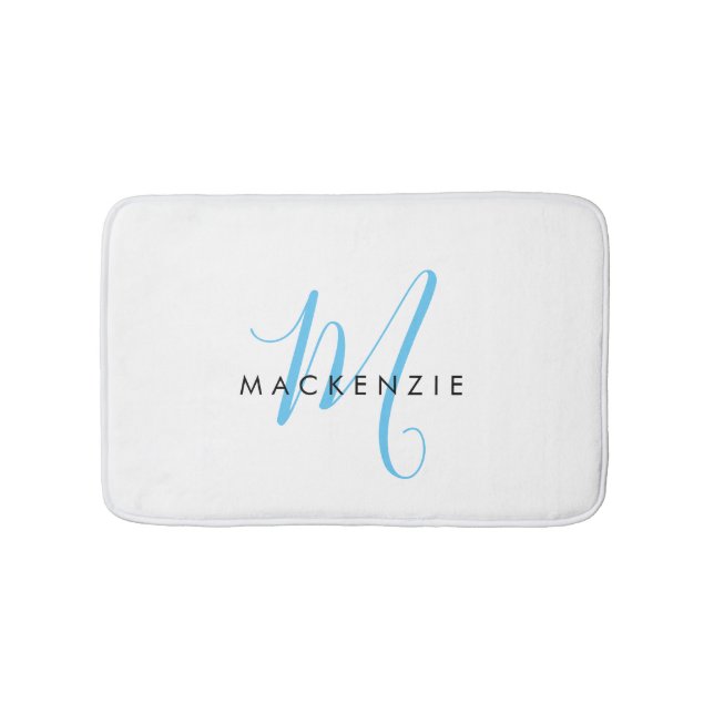 Elegant Modern White Sky Blue Script Monogram Bath Mat (Front)