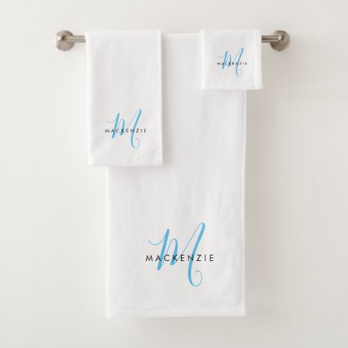 Elegant Modern White Sky Blue Script Monogram Bath Towel Set