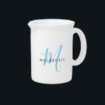 Elegant Modern White Sky Blue Script Monogram Beverage Pitcher<br><div class="desc">Elegant Modern White Sky Blue Script Monogram pitcher.  An elegant sky blue script monogram combined with a clean black san-serif font makes for a contemporary look.</div>