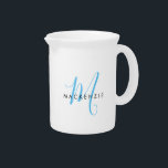 Elegant Modern White Sky Blue Script Monogram Beverage Pitcher<br><div class="desc">Elegant Modern White Sky Blue Script Monogram pitcher.  An elegant sky blue script monogram combined with a clean black san-serif font makes for a contemporary look.</div>