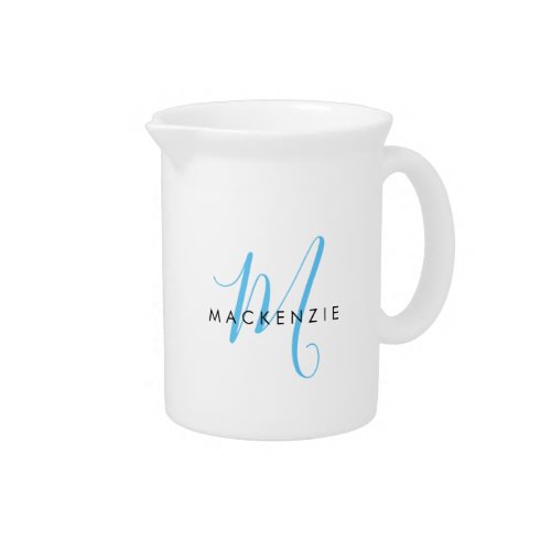 Elegant Modern White Sky Blue Script Monogram Beverage Pitcher