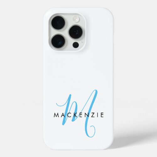 Elegant Modern White Sky Blue Script Monogram iPhone 15 Pro Case