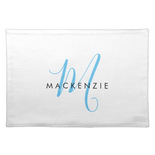 Elegant Modern White Sky Blue Script Monogram Cloth Placemat