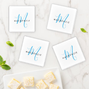 Elegant Modern White Sky Blue Script Monogram Coaster Set