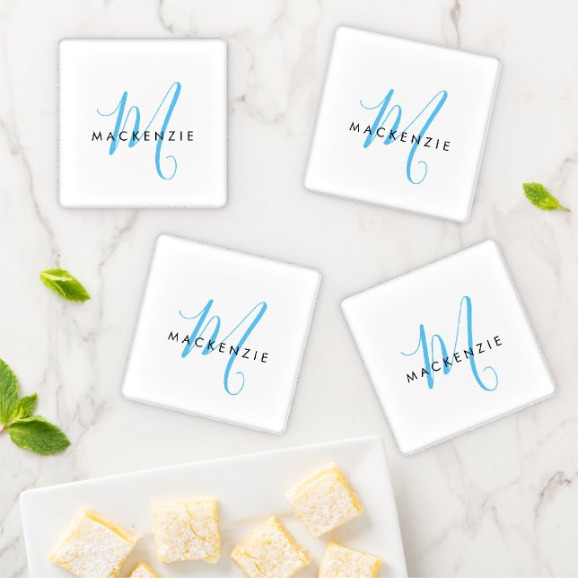 Elegant Modern White Sky Blue Script Monogram Coaster Set (In Situ)