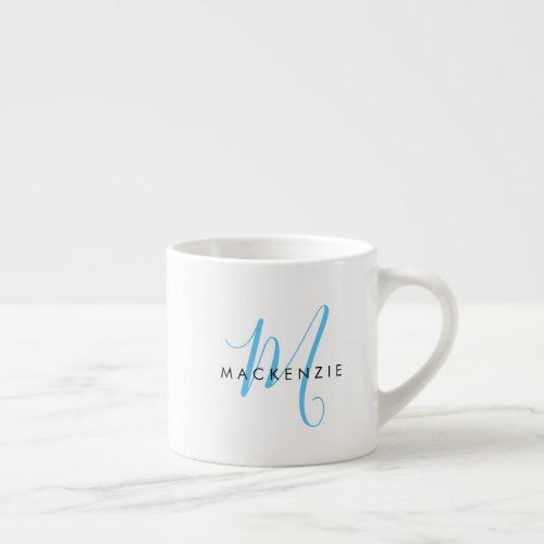 Elegant Modern White Sky Blue Script Monogram Espresso Cup
