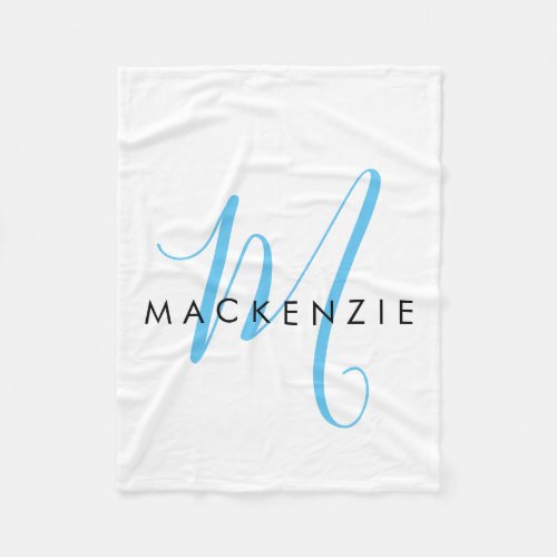 Elegant Modern White Sky Blue Script Monogram Fleece Blanket