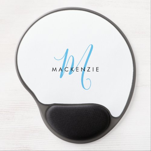 Elegant Modern White Sky Blue Script Monogram Gel Mouse Pad