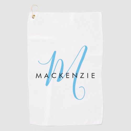 Elegant Modern White Sky Blue Script Monogram Golf Towel