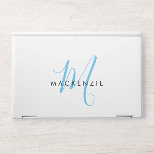 Elegant Modern White Sky Blue Script Monogram HP Laptop Skin