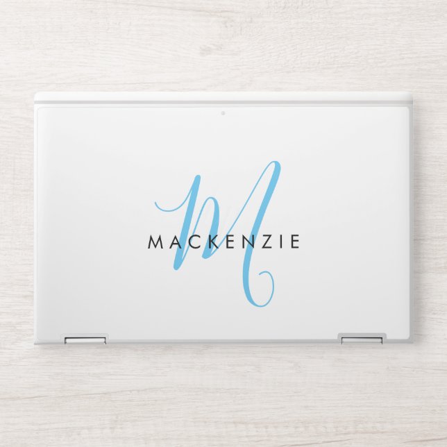 Elegant Modern White Sky Blue Script Monogram HP Laptop Skin (Front)