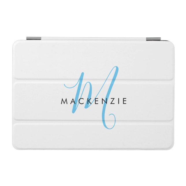 Elegant Modern White Sky Blue Script Monogram iPad Mini Cover (Horizontal)