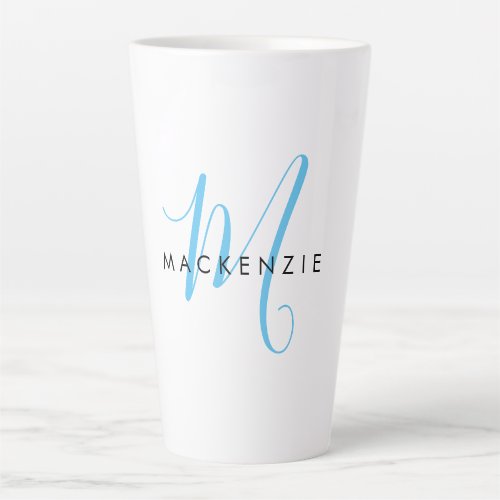 Elegant Modern White Sky Blue Script Monogram Latte Mug