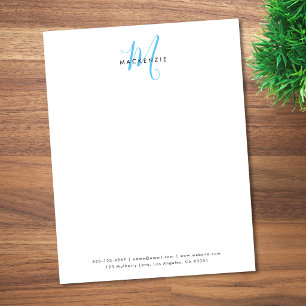 Elegant Modern White Sky Blue Script Monogram Letterhead