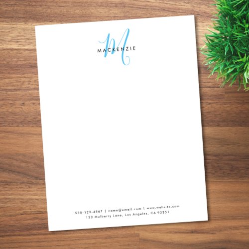 Elegant Modern White Sky Blue Script Monogram Letterhead