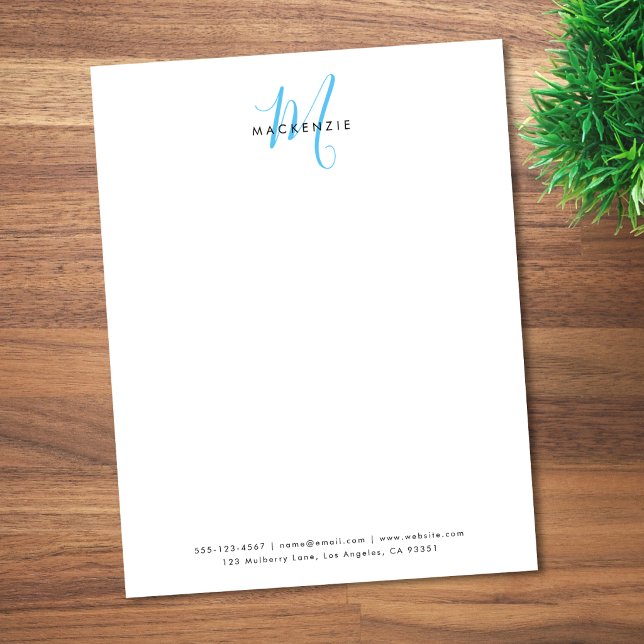Elegant Modern White Sky Blue Script Monogram Letterhead (Creator Uploaded)