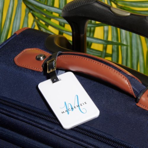 Elegant Modern White Sky Blue Script Monogram Luggage Tag