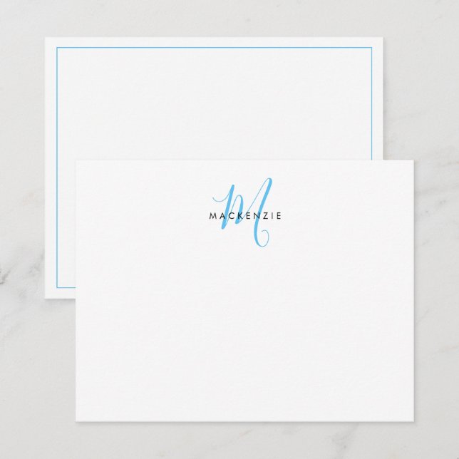 Elegant Modern White Sky Blue Script Monogram Note Card (Front/Back)