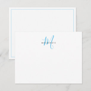 Elegant Modern White Sky Blue Script Monogram Note Card