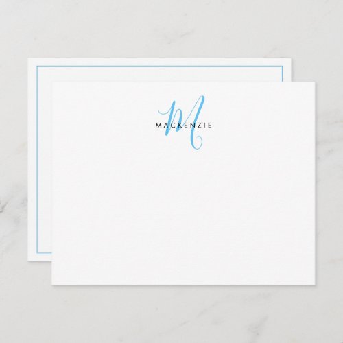 Elegant Modern White Sky Blue Script Monogram Note Card