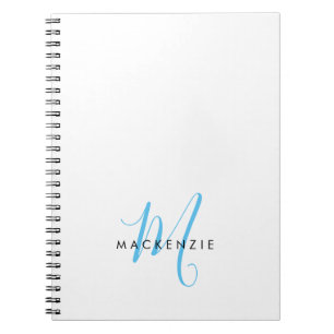 Elegant Modern White Sky Blue Script Monogram Notebook