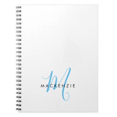Elegant Modern White Sky Blue Script Monogram Notebook