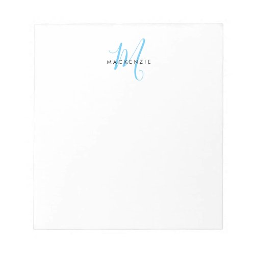Elegant Modern White Sky Blue Script Monogram Notepad