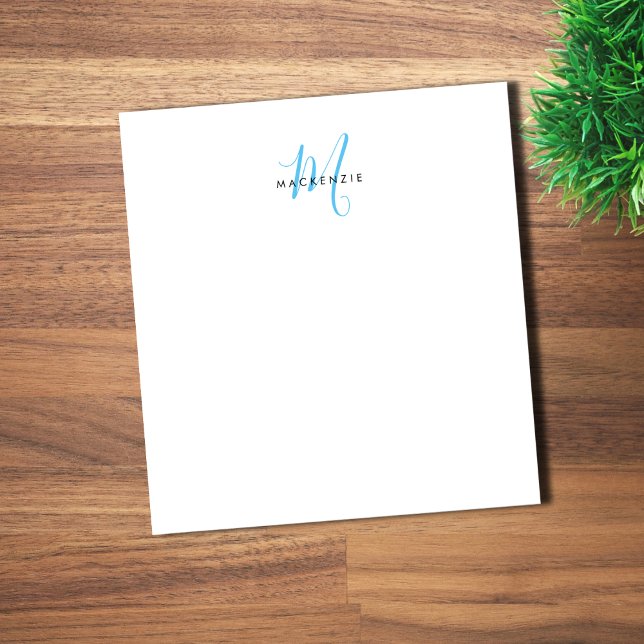 Elegant Modern White Sky Blue Script Monogram Notepad (Creator Uploaded)
