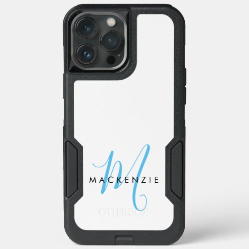 Elegant Modern White Sky Blue Script Monogram iPhone 13 Pro Max Case