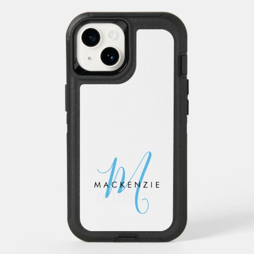 Elegant Modern White Sky Blue Script Monogram OtterBox iPhone 14 Case