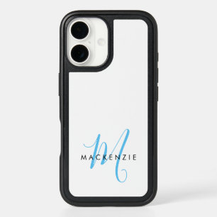 Elegant Modern White Sky Blue Script Monogram iPhone 16 Case