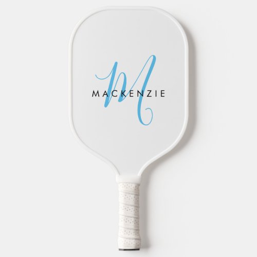 Elegant Modern White Sky Blue Script Monogram Pickleball Paddle