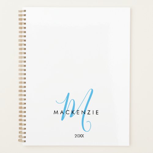 Elegant Modern White Sky Blue Script Monogram Planner