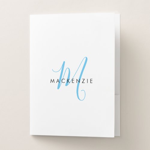 Elegant Modern White Sky Blue Script Monogram Pocket Folder