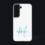 Elegant Modern White Sky Blue Script Monogram Samsung Galaxy S22 Case<br><div class="desc">Elegant Modern White Sky Blue Script Monogram Phone Case.  An elegant sky blue script monogram combined with a clean black san-serif font makes for a contemporary look.</div>