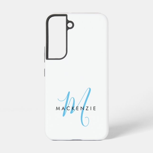 Elegant Modern White Sky Blue Script Monogram Samsung Galaxy Case (Back)