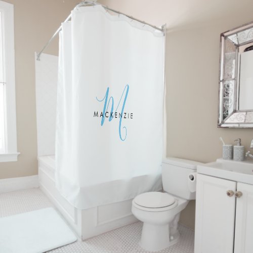 Elegant Modern White Sky Blue Script Monogram Shower Curtain