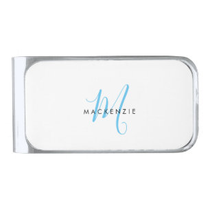 Elegant Modern White Sky Blue Script Monogram Silver Finish Money Clip