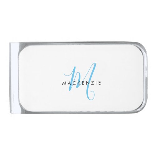 Elegant Modern White Sky Blue Script Monogram Silver Finish Money Clip