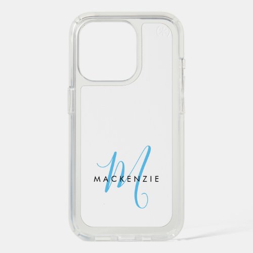 Elegant Modern White Sky Blue Script Monogram iPhone 15 Pro Case