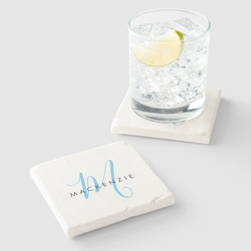 Elegant Modern White Sky Blue Script Monogram Stone Coaster