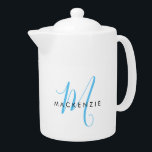 Elegant Modern White Sky Blue Script Monogram Teapot<br><div class="desc">Elegant Modern White Sky Blue Script Monogram teapot.  An elegant sky blue script monogram combined with a clean black san-serif font makes for a contemporary look.</div>